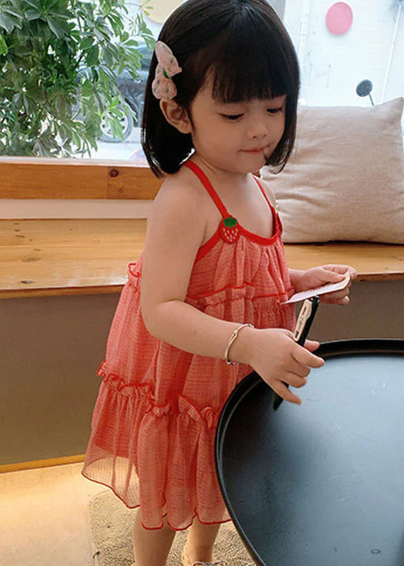 Classy Red Plaid Ruffled Patchwork Kids Chiffon Girls Slip Mid Dress Sleeveless - Image 2
