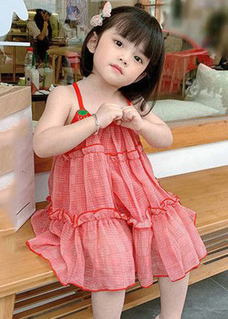 Classy Red Plaid Ruffled Patchwork Kids Chiffon Girls Slip Mid Dress Sleeveless - Image 3