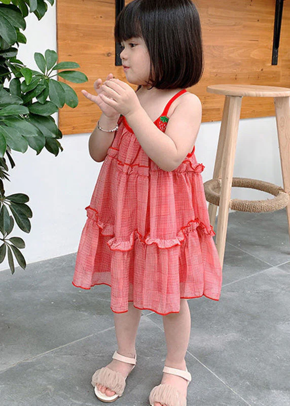 Classy Red Plaid Ruffled Patchwork Kids Chiffon Girls Slip Mid Dress Sleeveless - Image 4