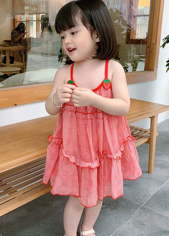Classy Red Plaid Ruffled Patchwork Kids Chiffon Girls Slip Mid Dress Sleeveless - Image 5