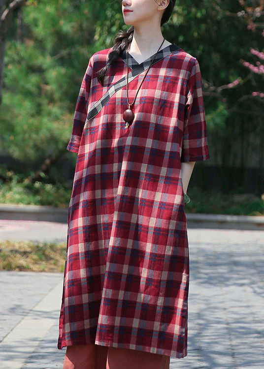 Classy Red Plaid V Neck Patchwork Cotton Dress Half Sleeve - Image 2