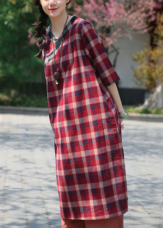 Classy Red Plaid V Neck Patchwork Cotton Dress Half Sleeve - Image 3