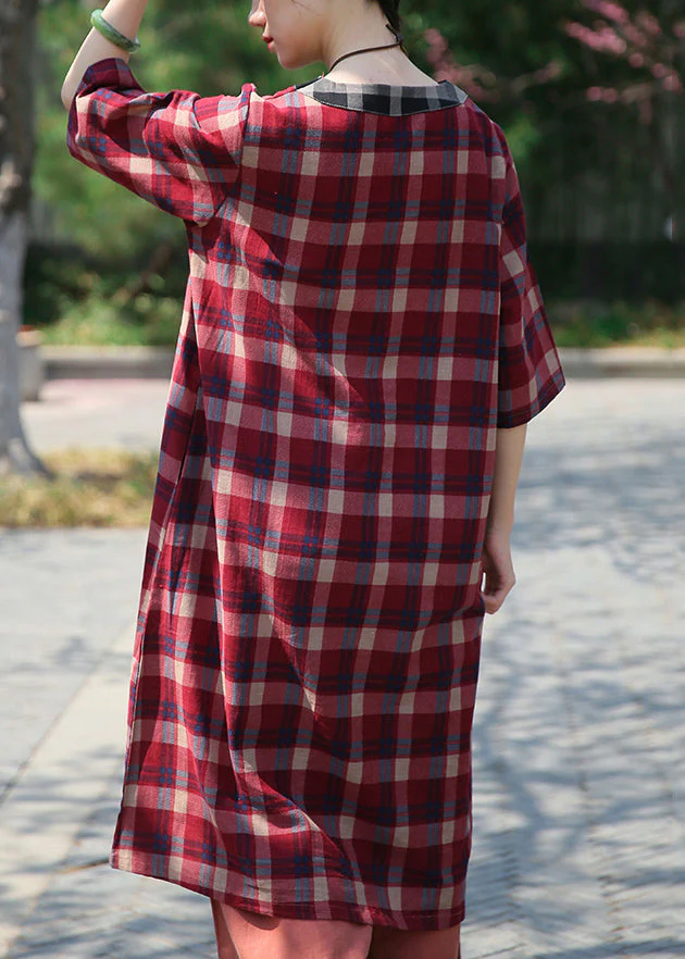 Classy Red Plaid V Neck Patchwork Cotton Dress Half Sleeve - Image 4