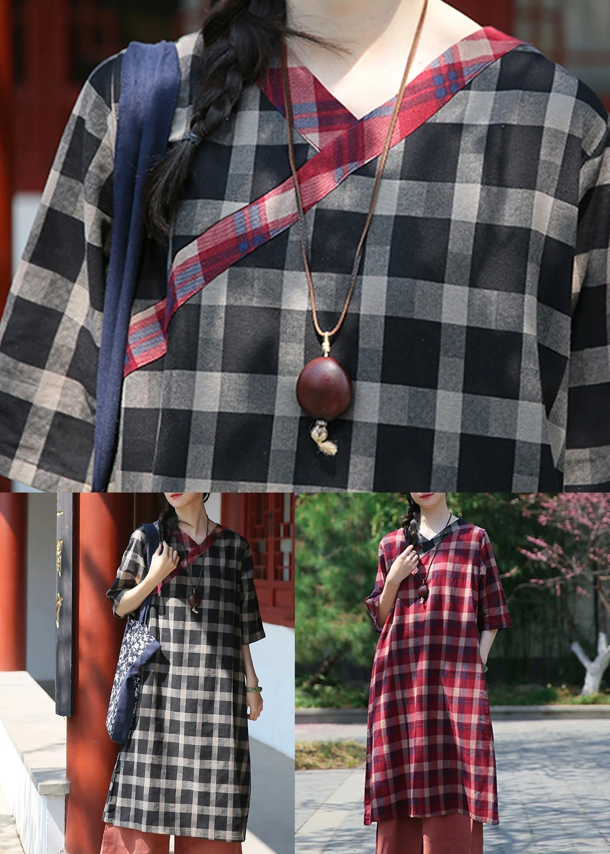 Classy Red Plaid V Neck Patchwork Cotton Dress Half Sleeve - Image 5