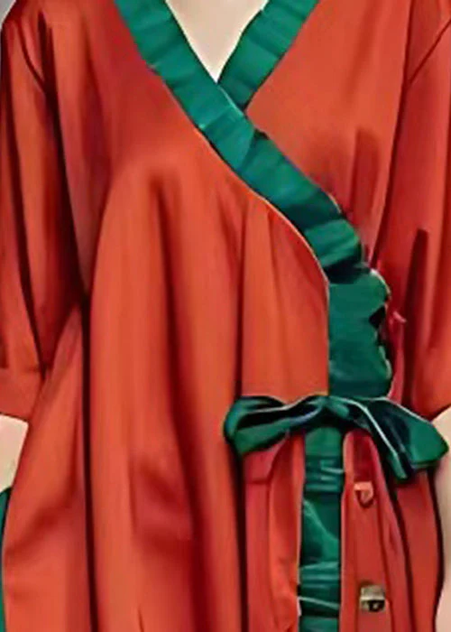 Classy Red Ruffled Patchwork Asymmetrical Design Cotton Long Dress Summer - Image 3