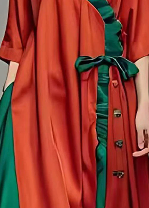 Classy Red Ruffled Patchwork Asymmetrical Design Cotton Long Dress Summer - Image 4