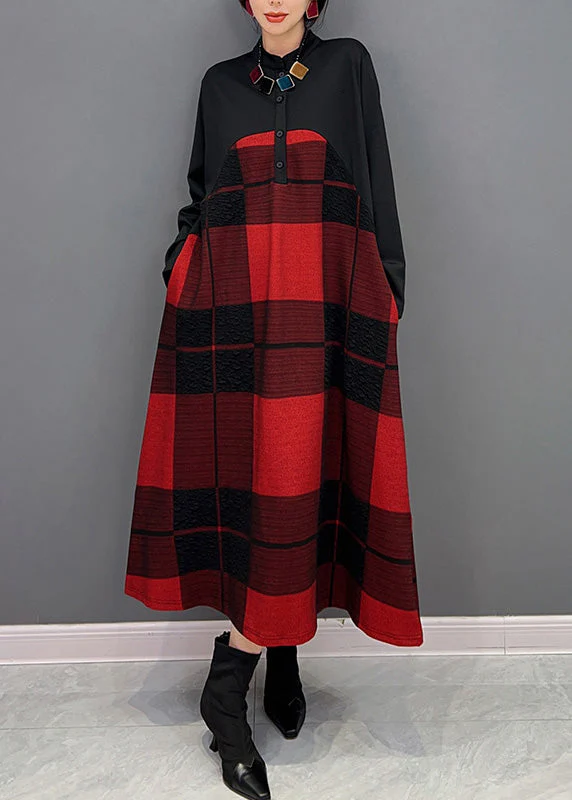 Classy Red Stand Collar Plaid Button Vacation Maxi Dresses Long Sleeve - Image 2