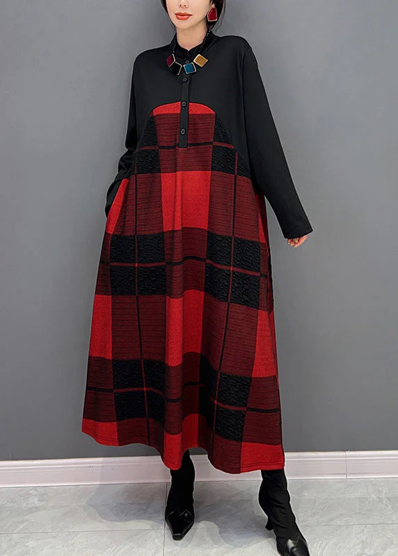 Classy Red Stand Collar Plaid Button Vacation Maxi Dresses Long Sleeve - Image 3