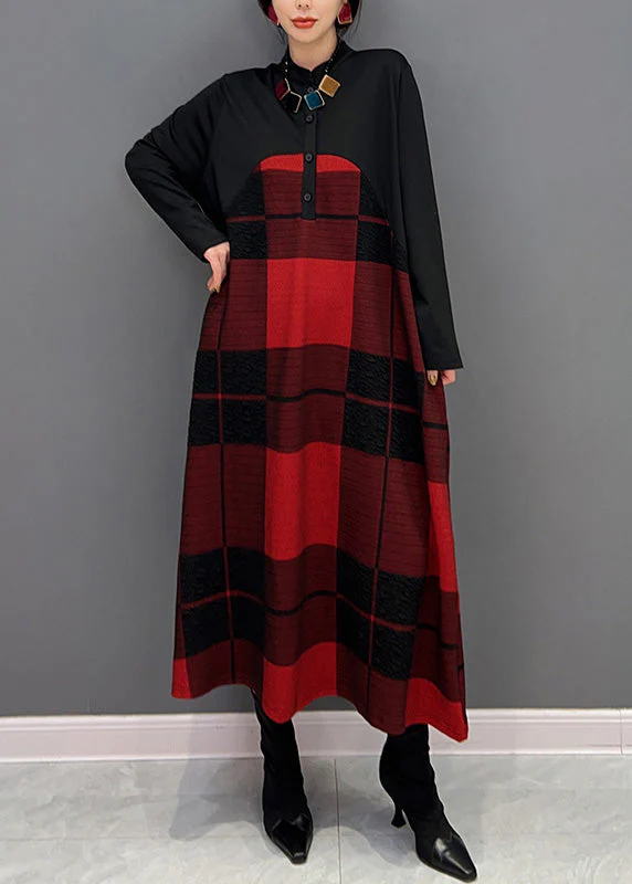 Classy Red Stand Collar Plaid Button Vacation Maxi Dresses Long Sleeve - Image 4