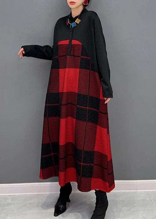 Classy Red Stand Collar Plaid Button Vacation Maxi Dresses Long Sleeve - Image 5