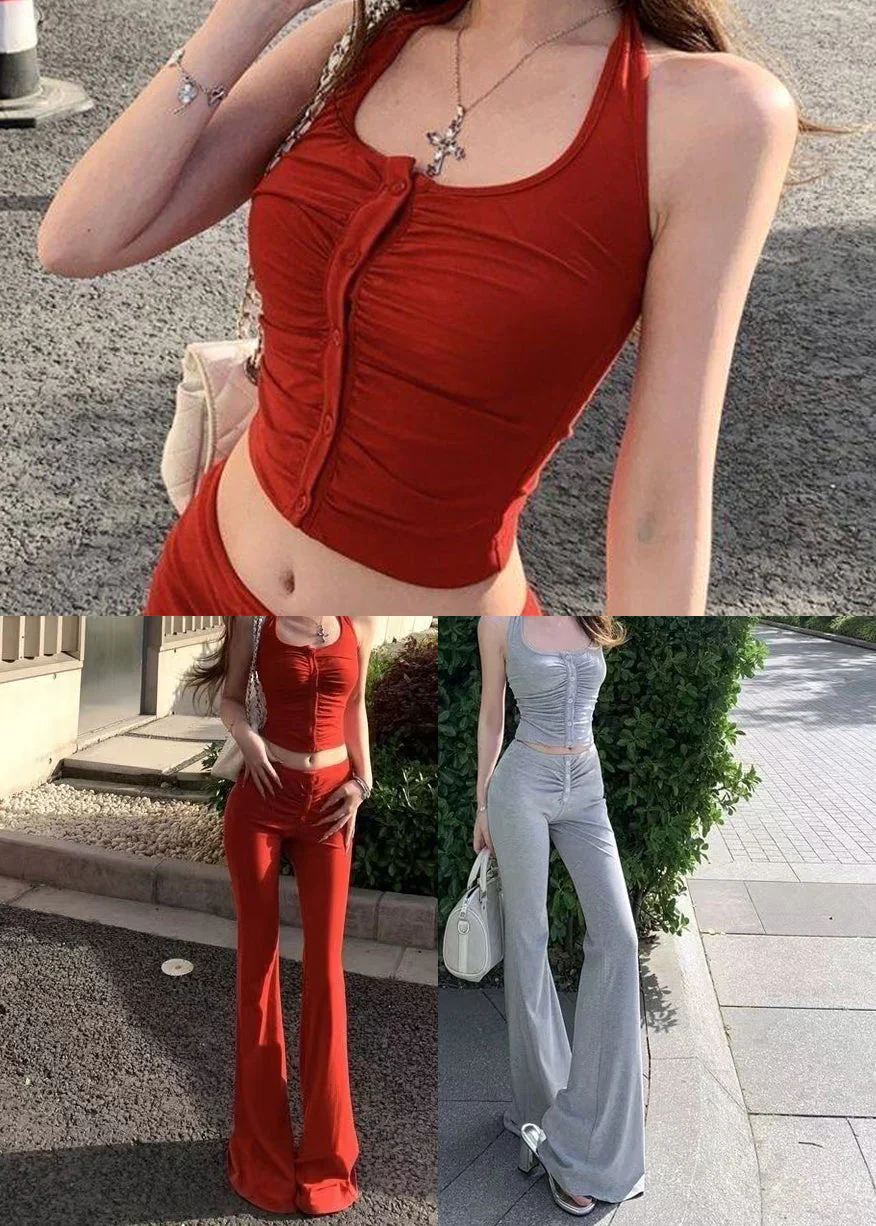 Classy Red U Neck Wrinkled Cotton Women Sets 2 Pieces Summer - Image 5