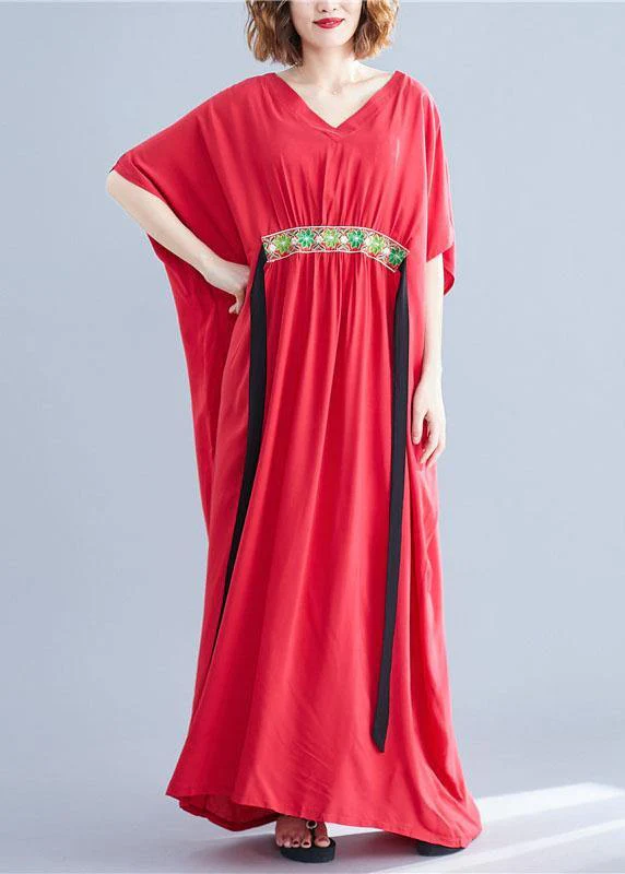 Classy Red V Neck Bow Summer Long Dresses Half Sleeve