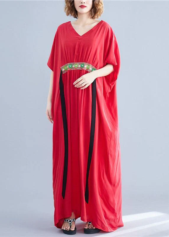 Classy Red V Neck Bow Summer Long Dresses Half Sleeve - Image 2