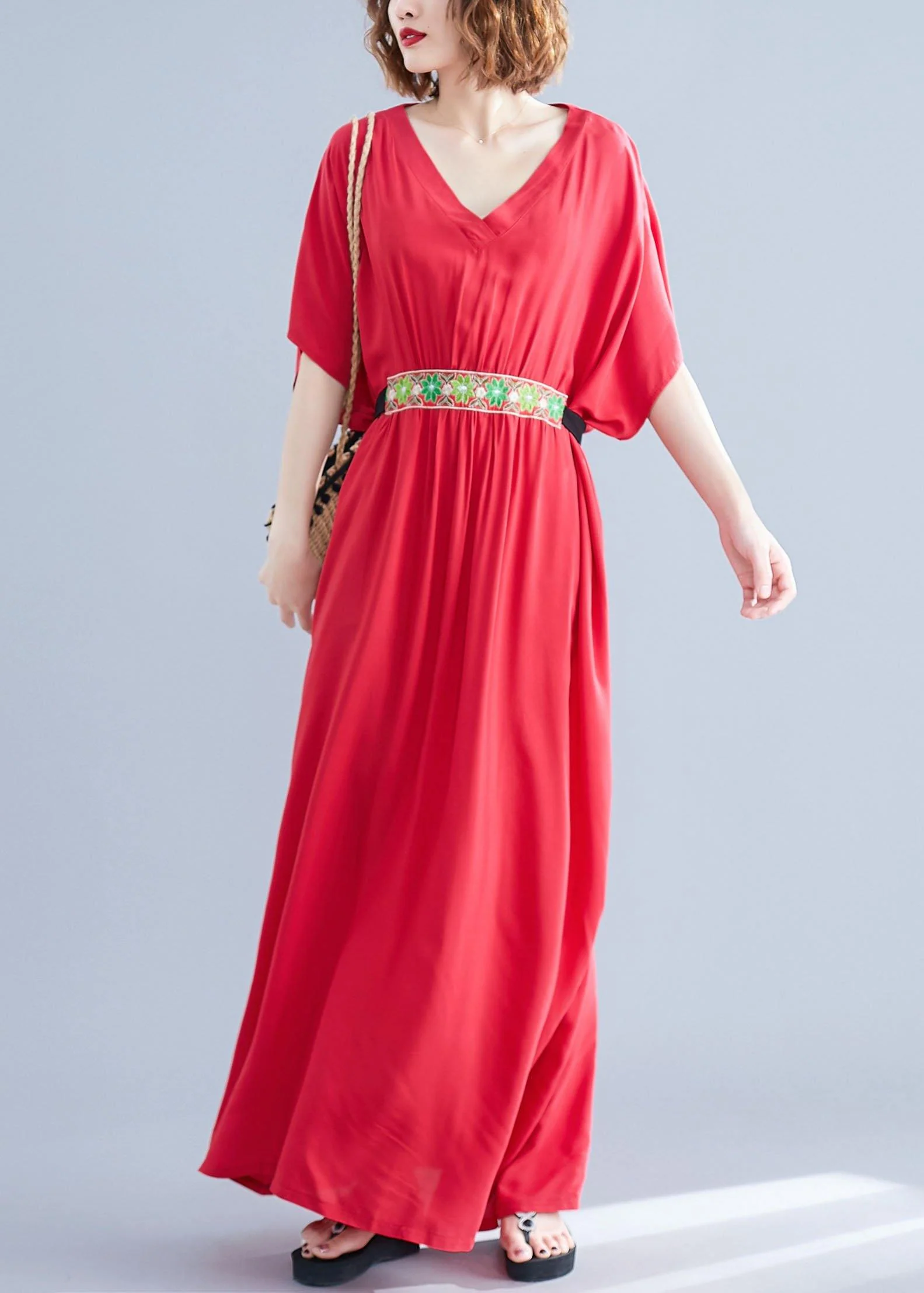 Classy Red V Neck Bow Summer Long Dresses Half Sleeve - Image 3