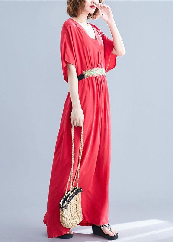 Classy Red V Neck Bow Summer Long Dresses Half Sleeve - Image 4