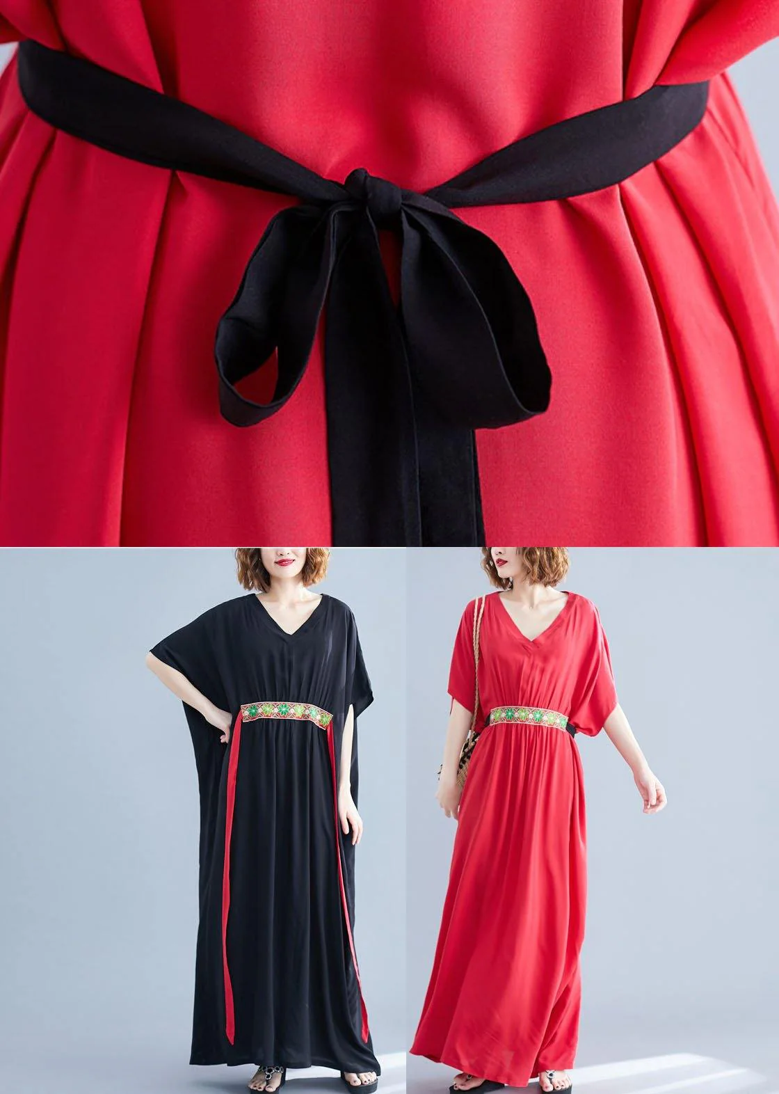 Classy Red V Neck Bow Summer Long Dresses Half Sleeve - Image 5