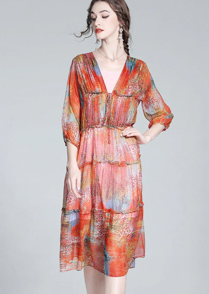 Classy Red V Neck Cinched Patchwork Ruffled Silk Dress Summer - Image 2