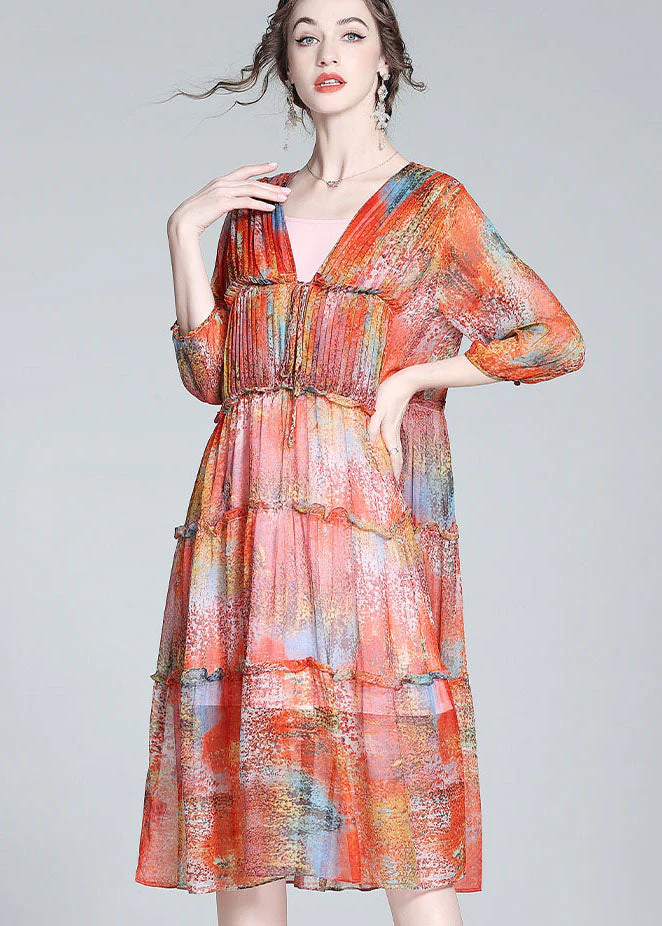 Classy Red V Neck Cinched Patchwork Ruffled Silk Dress Summer - Image 3