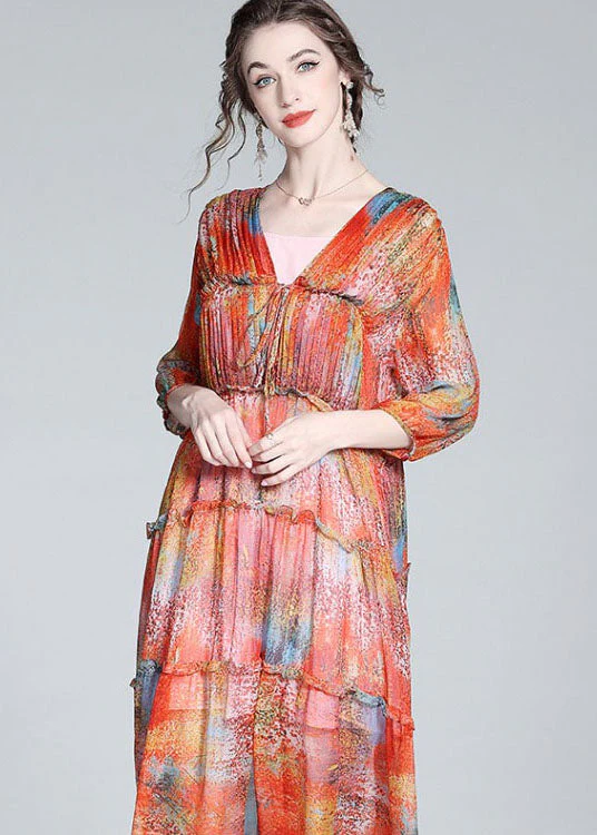 Classy Red V Neck Cinched Patchwork Ruffled Silk Dress Summer - Image 4