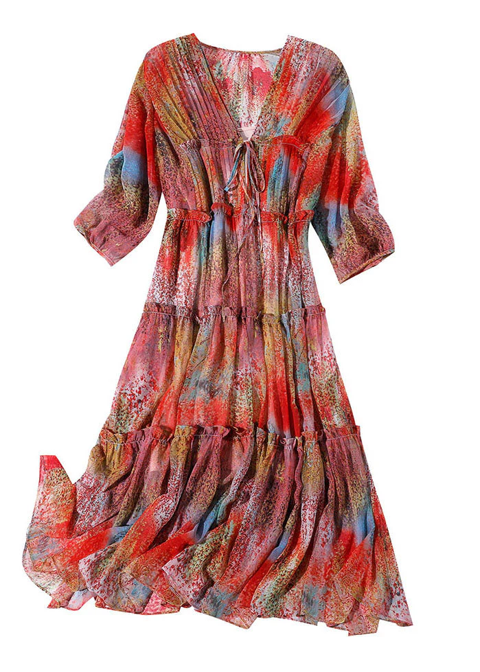 Classy Red V Neck Cinched Patchwork Ruffled Silk Dress Summer - Image 5