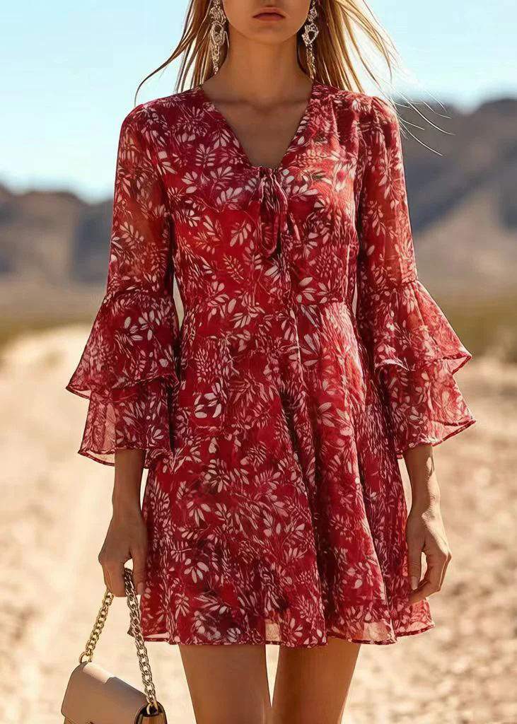 Classy Red V Neck Print Chiffon Holiday Dress Summer - Image 5