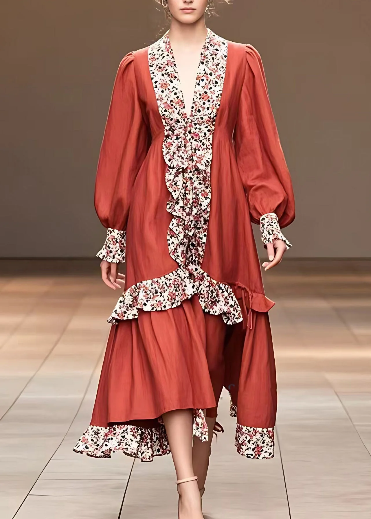 Classy Red V Neck Print Maxi Dresses Lantern Sleeve - Image 2
