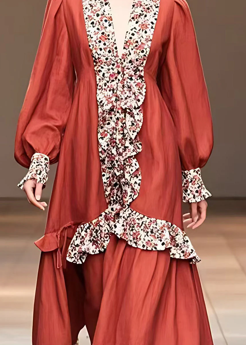 Classy Red V Neck Print Maxi Dresses Lantern Sleeve - Image 4