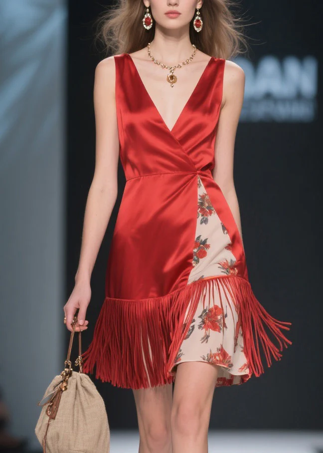 Classy Red V Neck Tassel Patchwork Silk Mid Dress Summer - Image 2