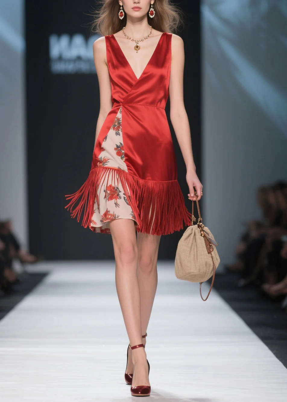 Classy Red V Neck Tassel Patchwork Silk Mid Dress Summer - Image 3