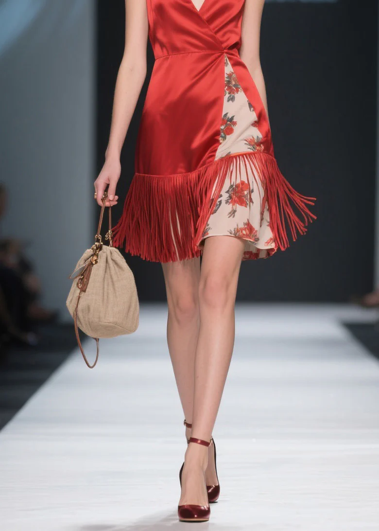 Classy Red V Neck Tassel Patchwork Silk Mid Dress Summer - Image 4