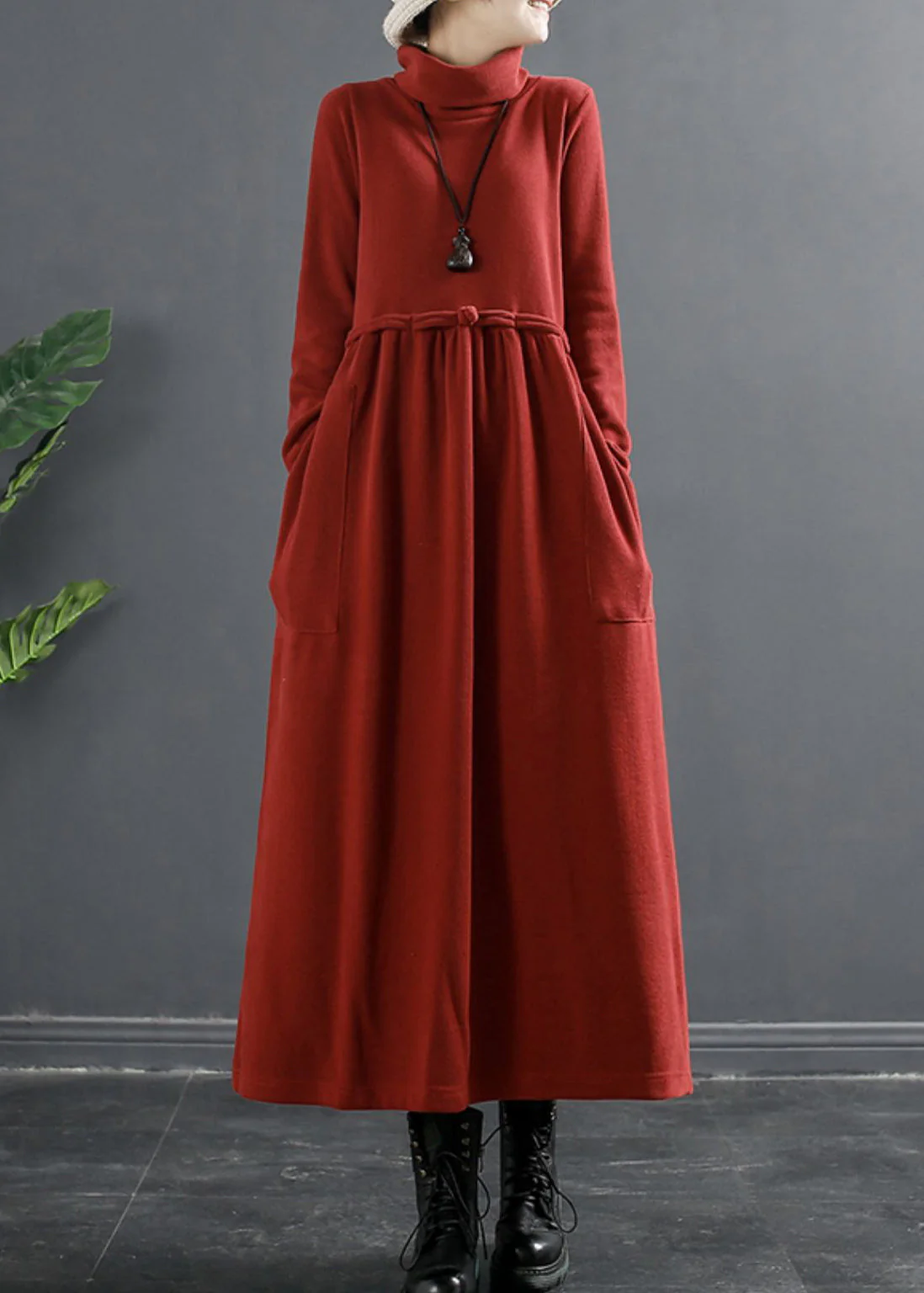 Classy Red Wrinkled Patchwork Thick Cotton Knit Long Dress Winter - Image 2