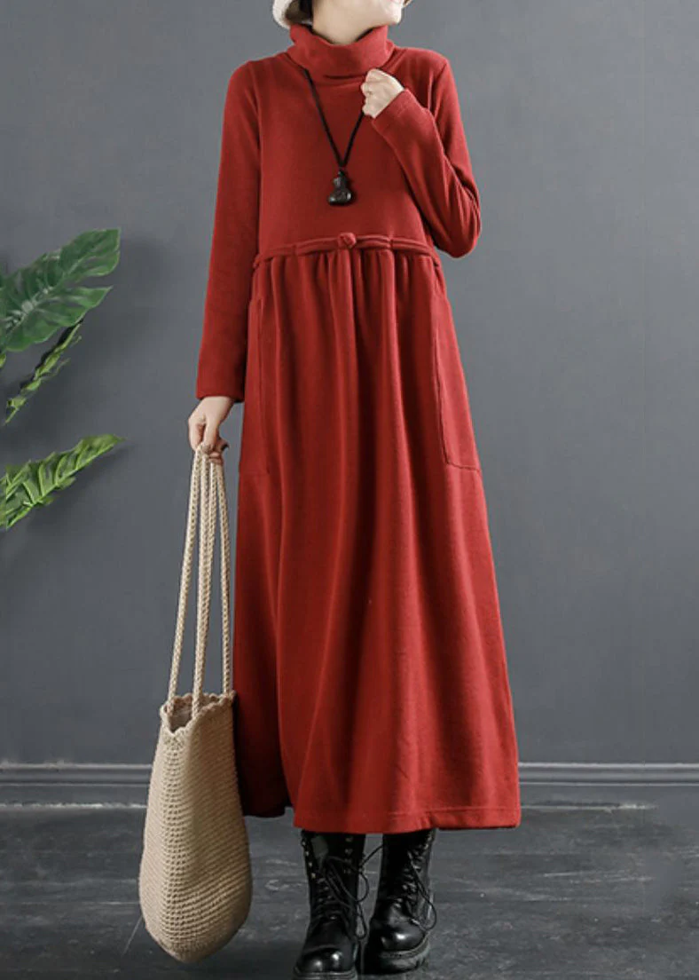 Classy Red Wrinkled Patchwork Thick Cotton Knit Long Dress Winter - Image 3