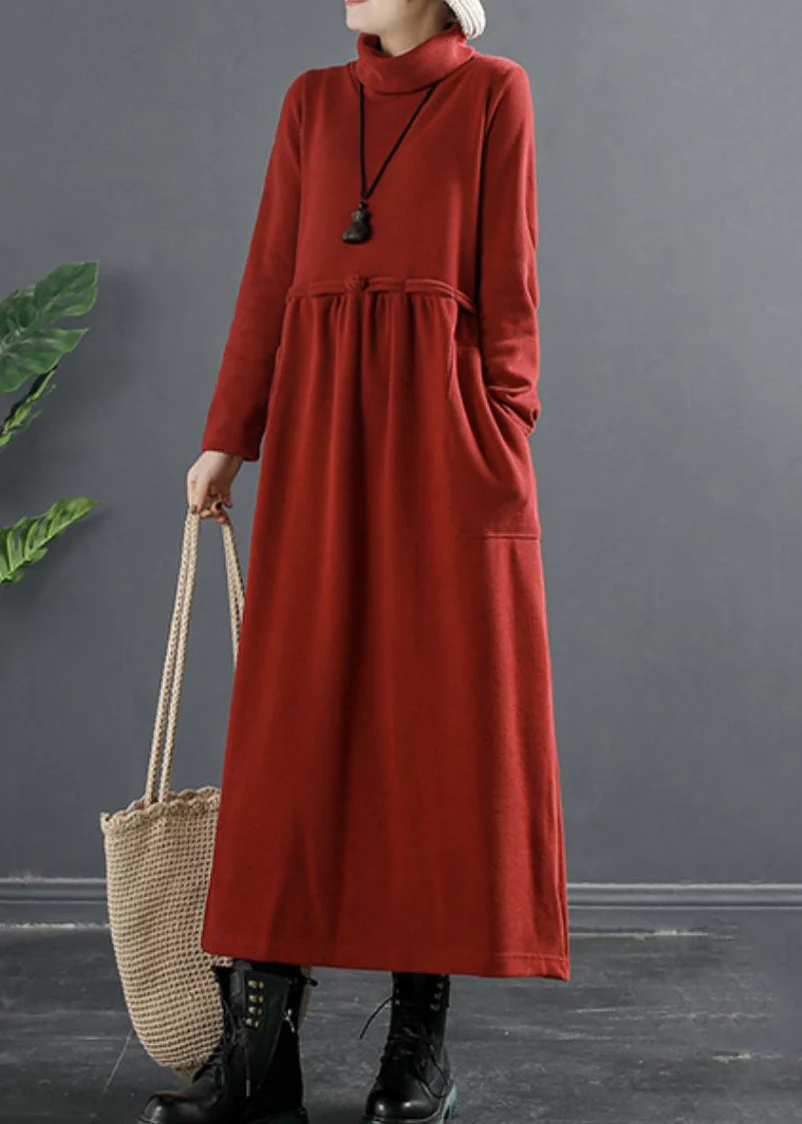 Classy Red Wrinkled Patchwork Thick Cotton Knit Long Dress Winter - Image 4