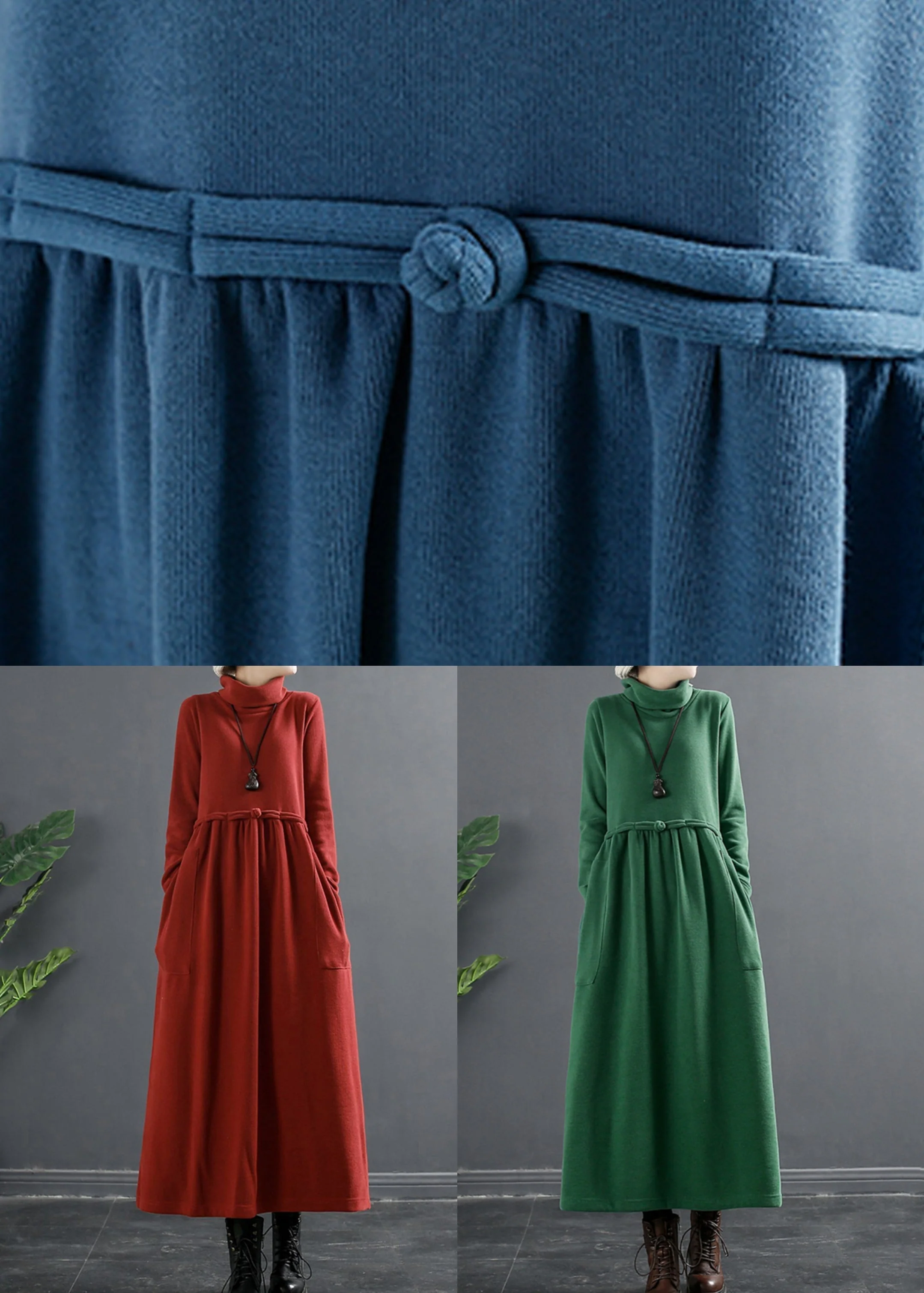 Classy Red Wrinkled Patchwork Thick Cotton Knit Long Dress Winter - Image 5