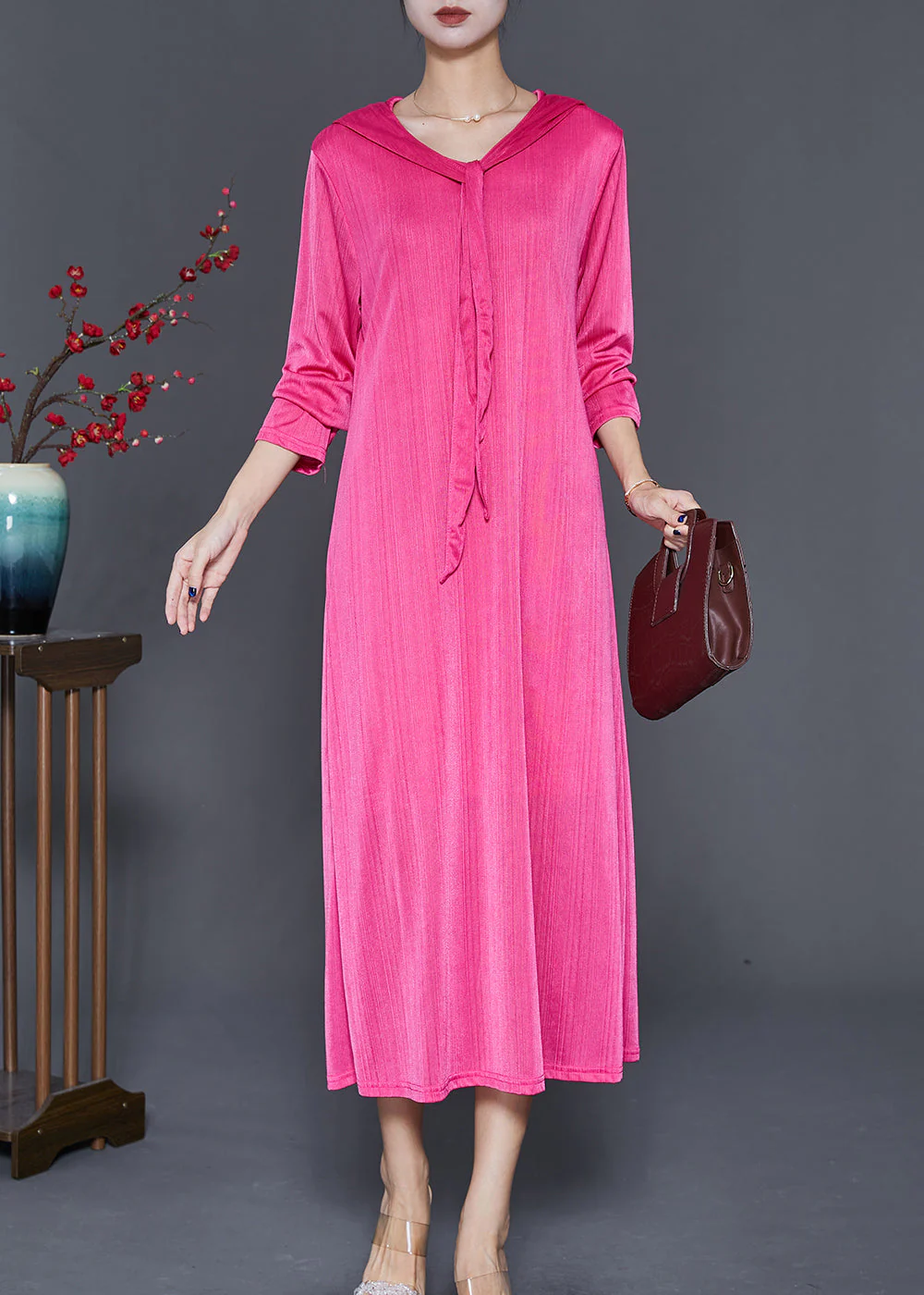 Classy Rose Hooded Silm Fit Spandex Long Dress Fall - Image 2