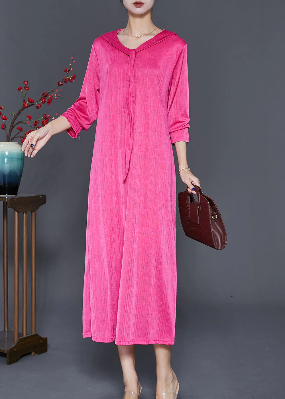 Classy Rose Hooded Silm Fit Spandex Long Dress Fall - Image 3