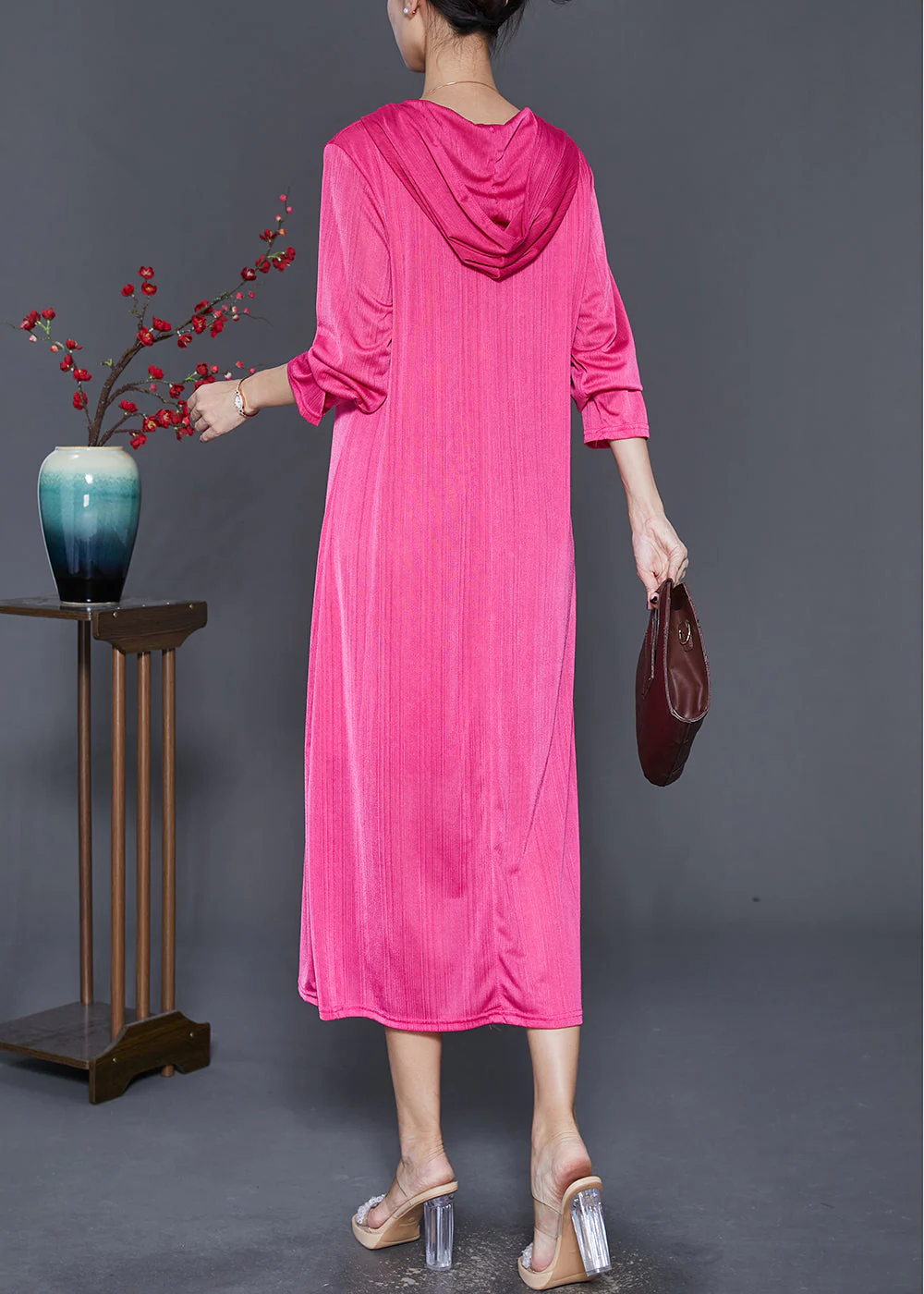 Classy Rose Hooded Silm Fit Spandex Long Dress Fall - Image 4