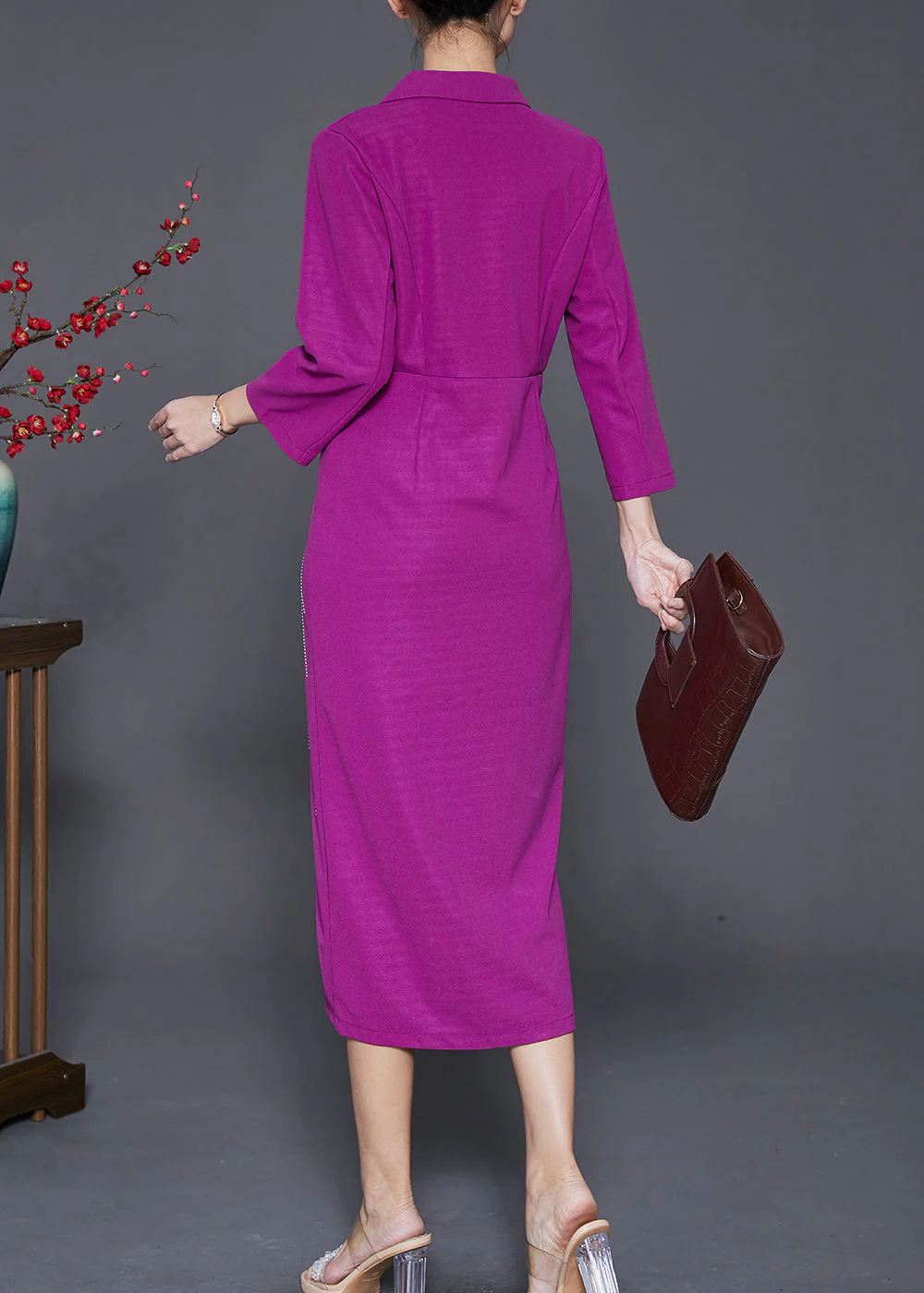 Classy Rose Notched Collar Zircon Cotton Maxi Dresses Fall - Image 4