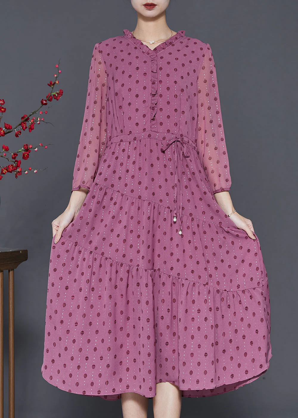 Classy Rose Ruffled Print Chiffon Cinched Dresses Spring - Image 2