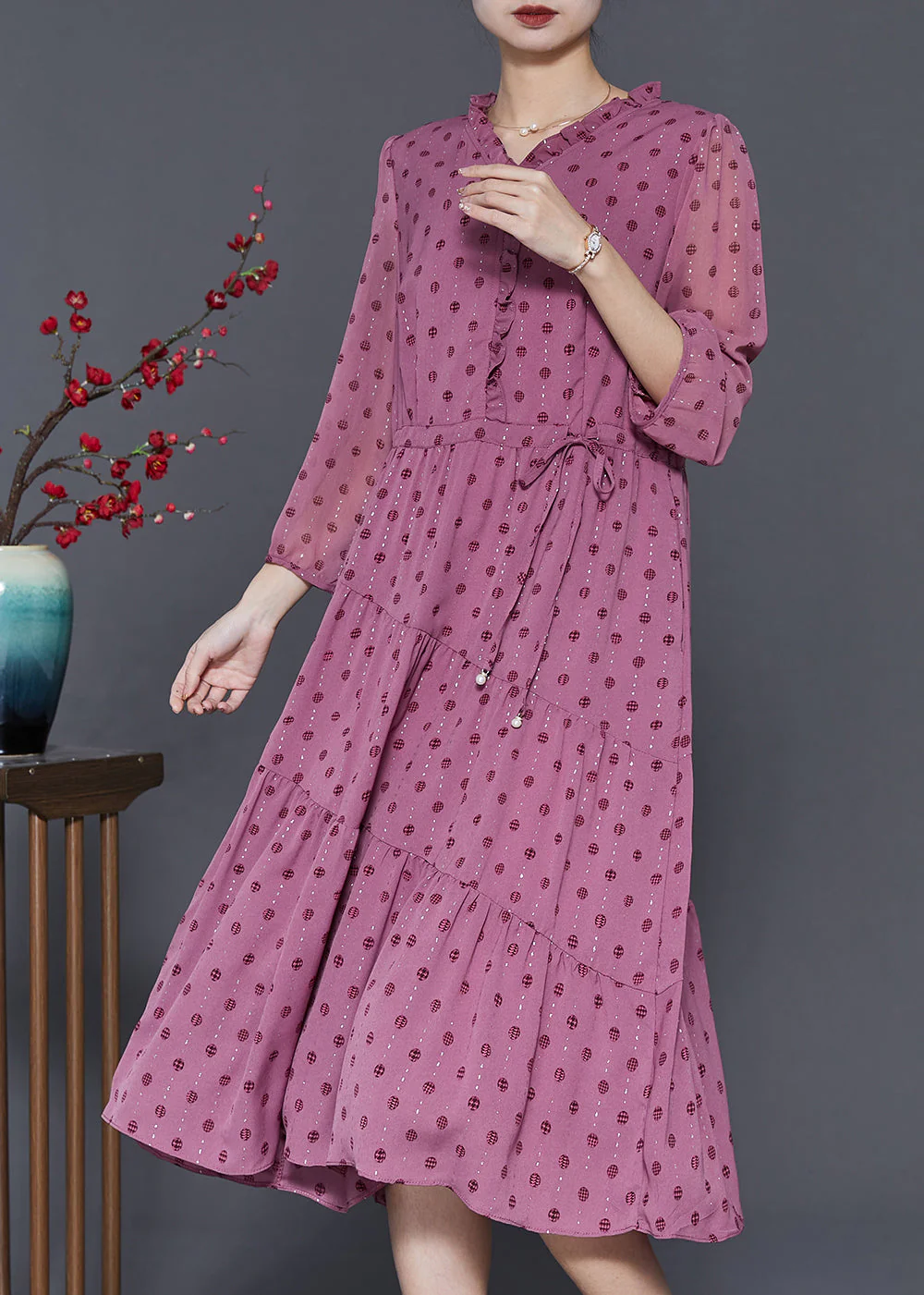 Classy Rose Ruffled Print Chiffon Cinched Dresses Spring - Image 3