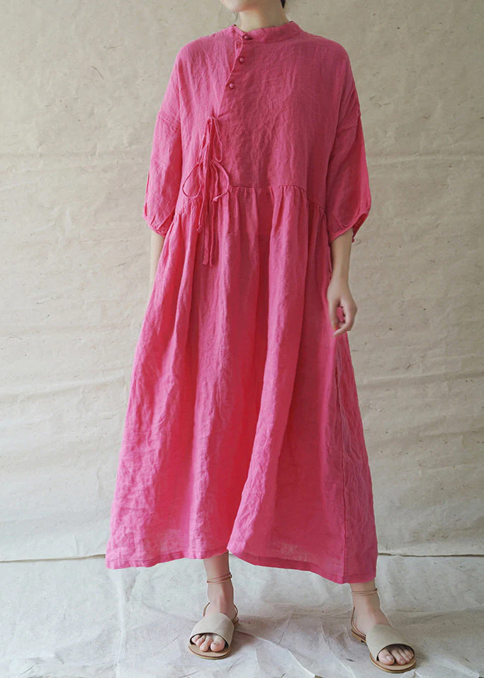 Classy Rose Stand Collar button Cinched Linen Holiday Dress Half Sleeve - Image 3