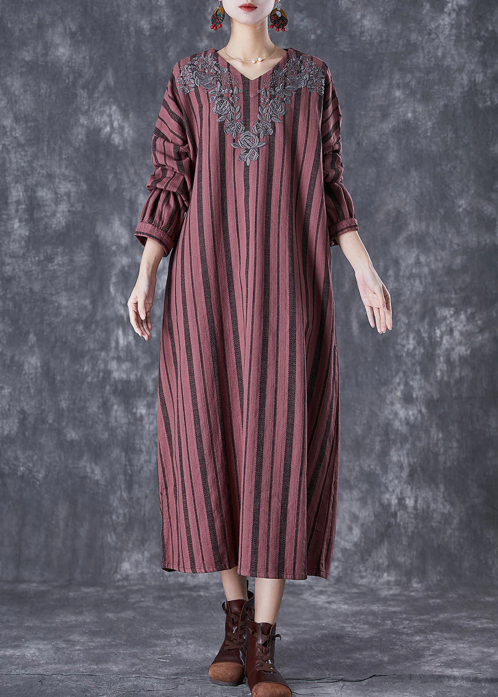 Classy Rust Red Embroideried Striped Linen Vacation Dresses Fall - Image 2