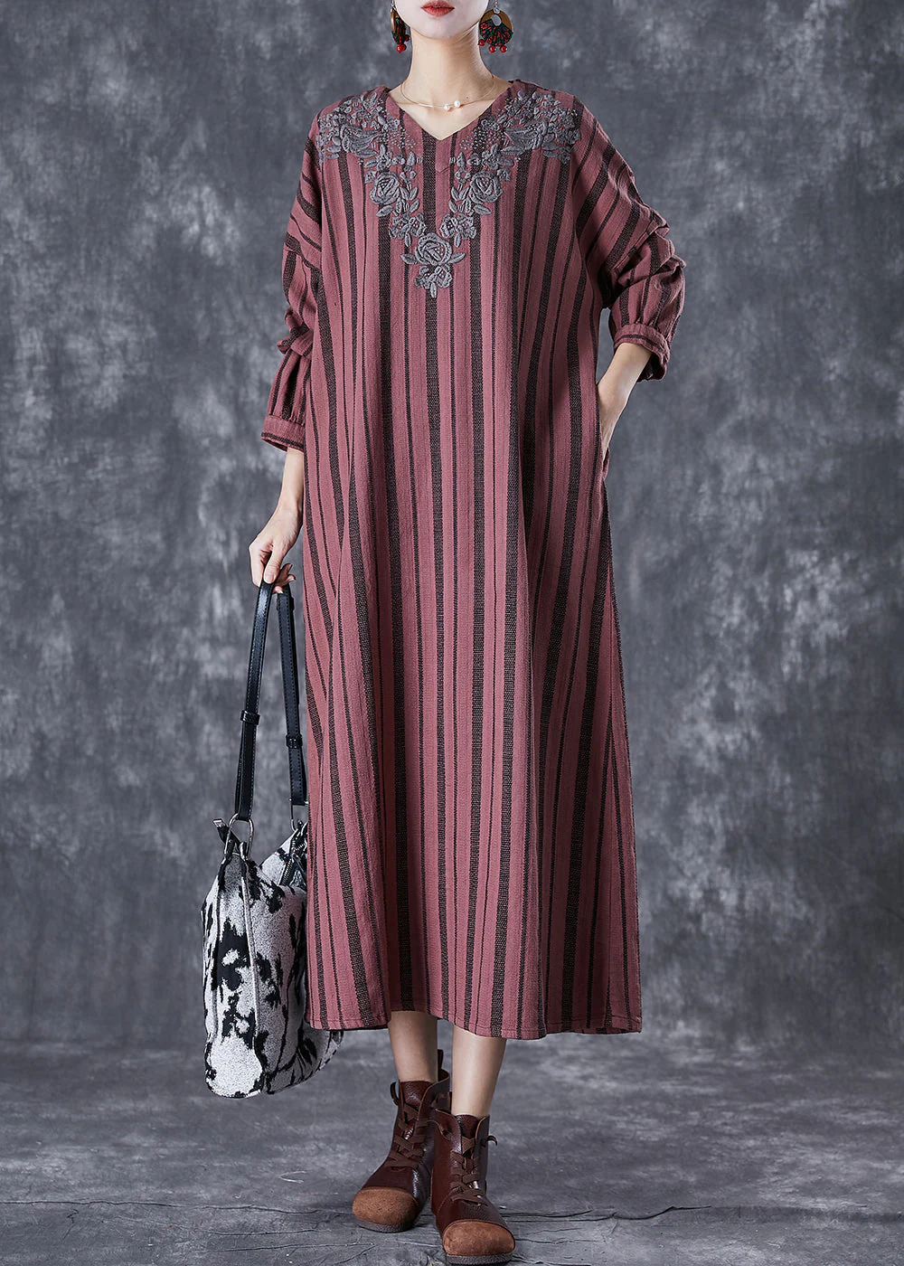 Classy Rust Red Embroideried Striped Linen Vacation Dresses Fall - Image 3