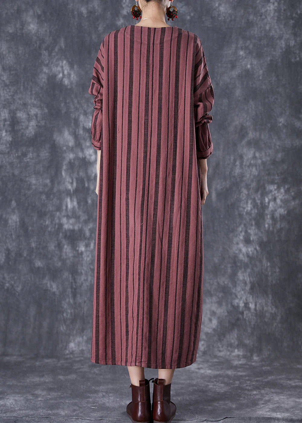 Classy Rust Red Embroideried Striped Linen Vacation Dresses Fall - Image 4