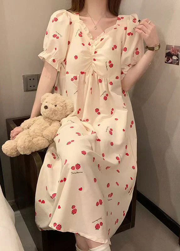 Classy Strawberry Print Ruffled Cotton Pajamas Dresses Butterfly Sleeve - Image 2
