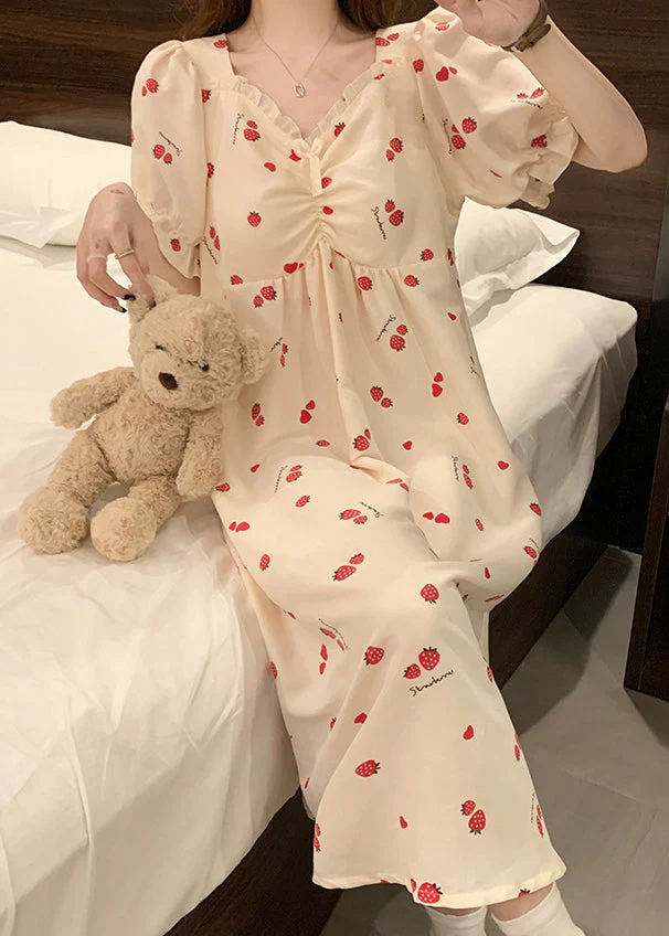 Classy Strawberry Print Ruffled Cotton Pajamas Dresses Butterfly Sleeve - Image 3