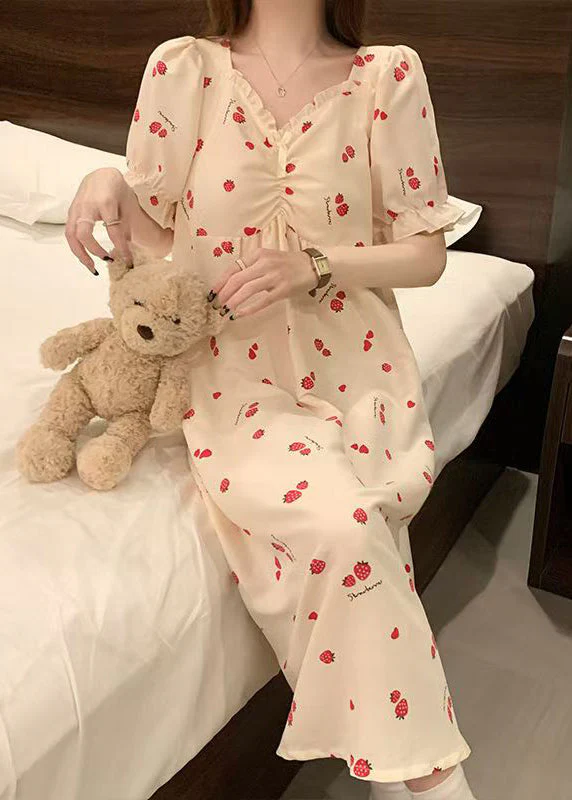 Classy Strawberry Print Ruffled Cotton Pajamas Dresses Butterfly Sleeve - Image 4