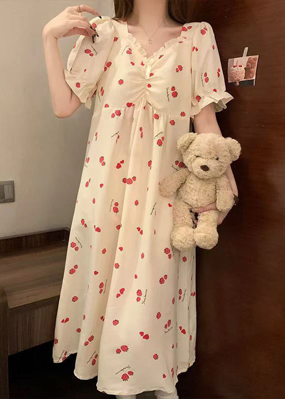 Classy Strawberry Print Ruffled Cotton Pajamas Dresses Butterfly Sleeve - Image 5