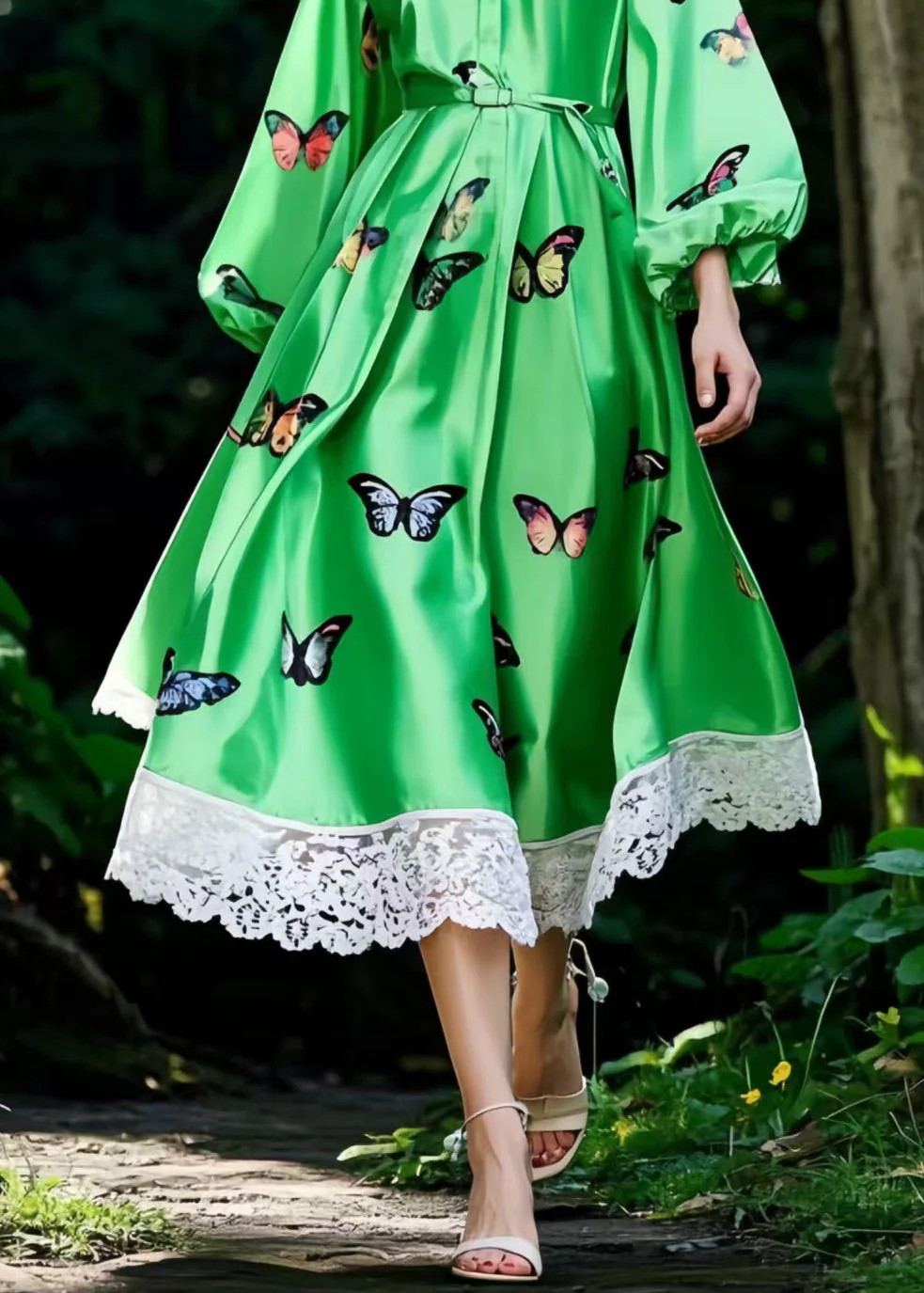 Classy Tea Green Butterfly Patchwork Lace Silk Dresses Lantern Sleeve - Image 4