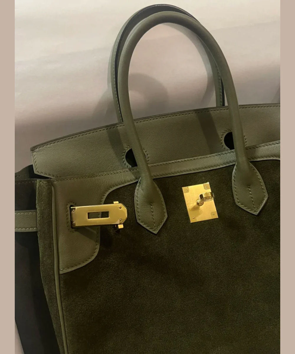 Classy Tea Green Solid Durable Large Capacity Fine Suede Tote Handbag - Image 4